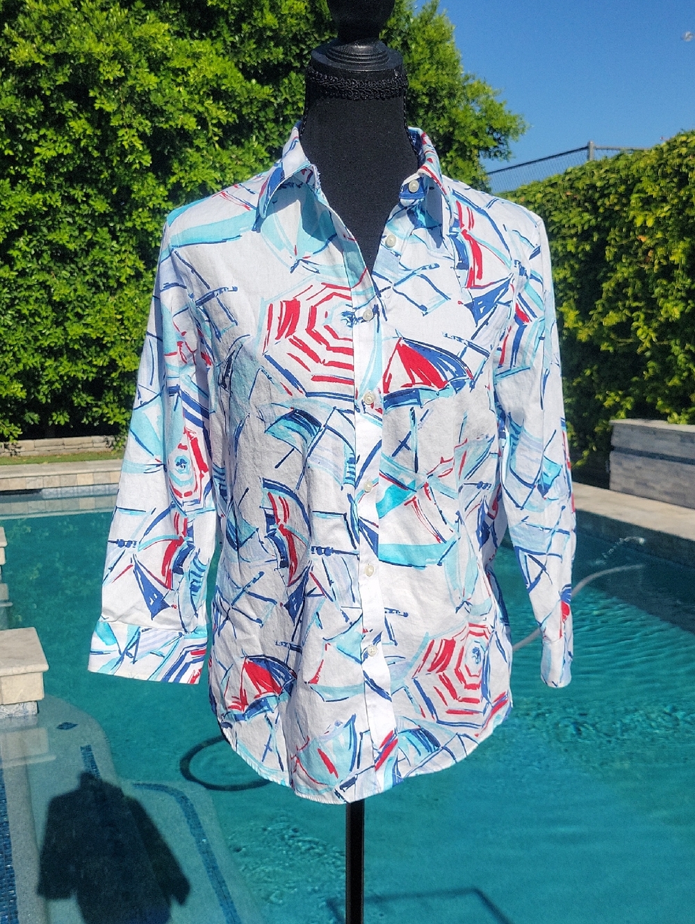 Women's Button-Front Beach Umbrella Print Top - Nautical White/Blue/Red